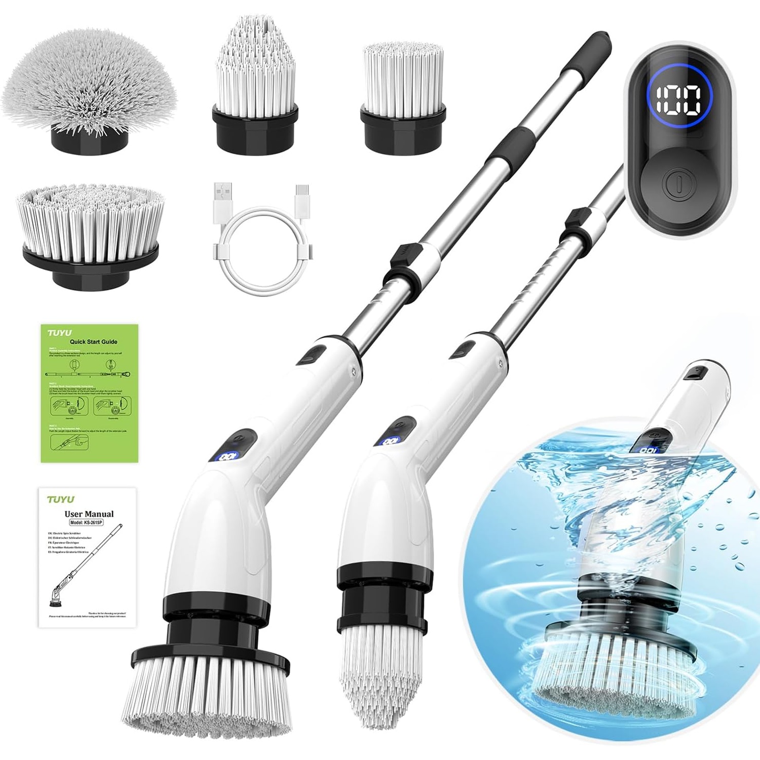 Electric Spin Scrubber, TUYU Cordless Cleaning Brush with 8 Replaceable Brush Heads, Shower Scrubber with Adjustable Extension Handle, 2-Speed Power Scrubber for Bathroom, Kitchen, Tub, Tile