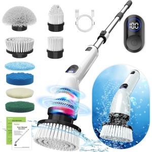 Electric Spin Scrubber, TUYU Shower Scrubber with 8 Replaceable Brush Heads, Cordless Cleaning Brush with Adjustable Extension Handle, 2-Speed Power Scrubber for Bathroom, Kitchen, Tub, Tile